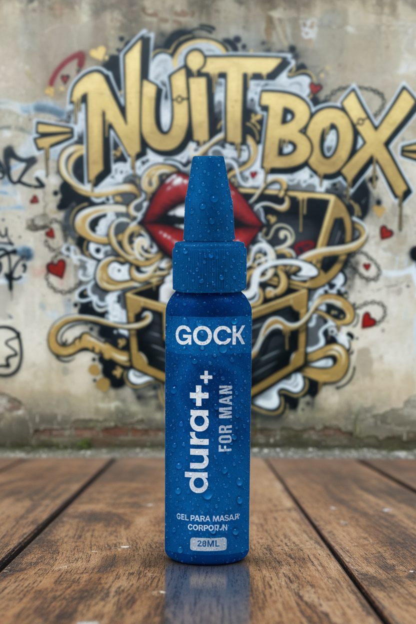 Gel para masaje corporal GOCK dura+ sobre mesa de madera, fondo mural Nuit Box con labios rojos.