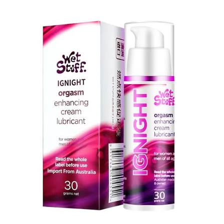 Crema lubricante Wet Stuff IGNIGHT de 30g para mujeres, presentada en caja y frasco, disponible en Nuit Box, sex shop online con despacho en Quilpué y Quinta Región.