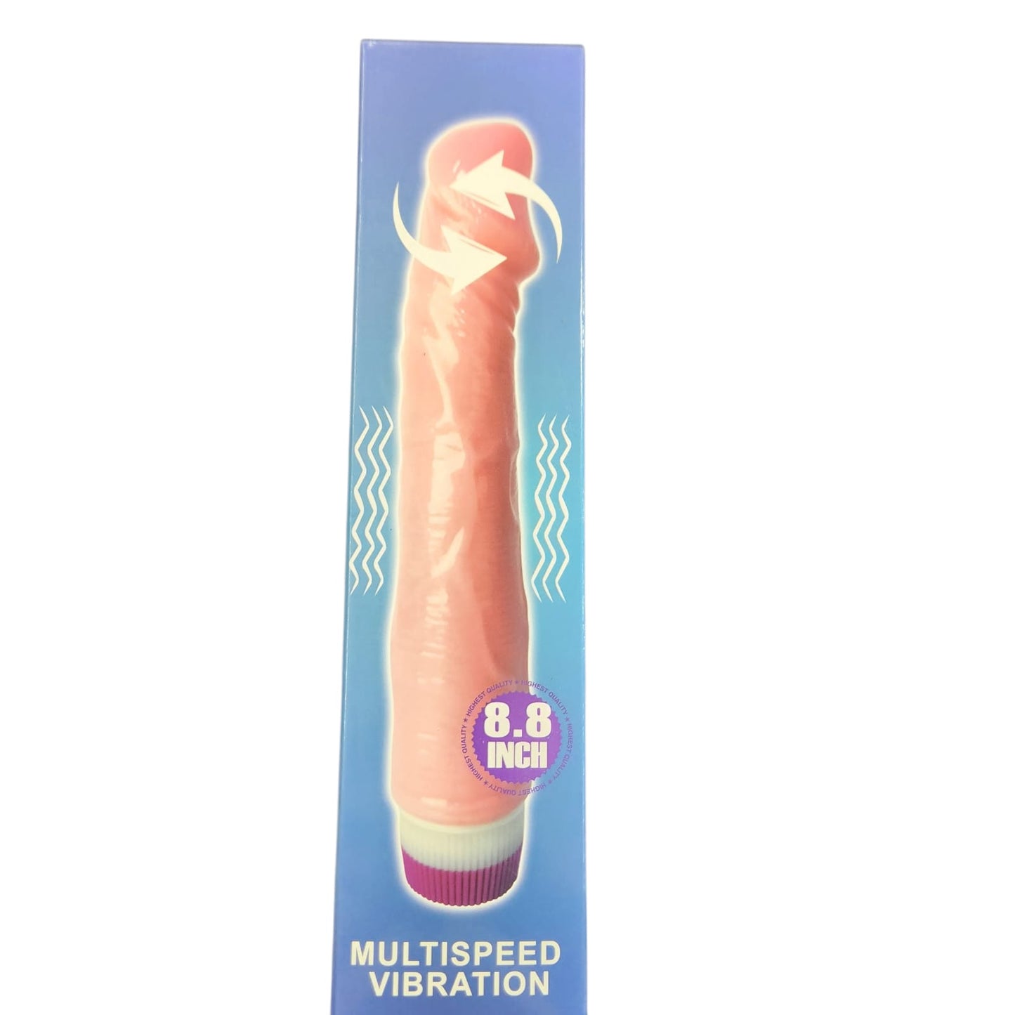 Caja de vibrador multispeed 8.8 pulgadas, fondo azul, producto de Nuit Box sex shop online.