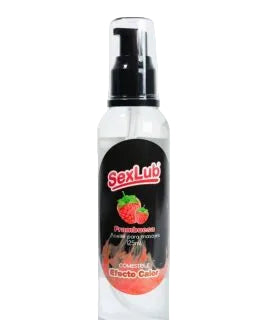 Lubricante comestible frambuesa SexLub Nuit Box, dispensador transparente, fondo blanco.