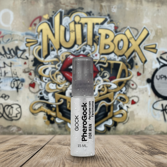 Perfume con feromonas para hombre sobre fondo de graffiti Nuit Box, sex shop online Chile