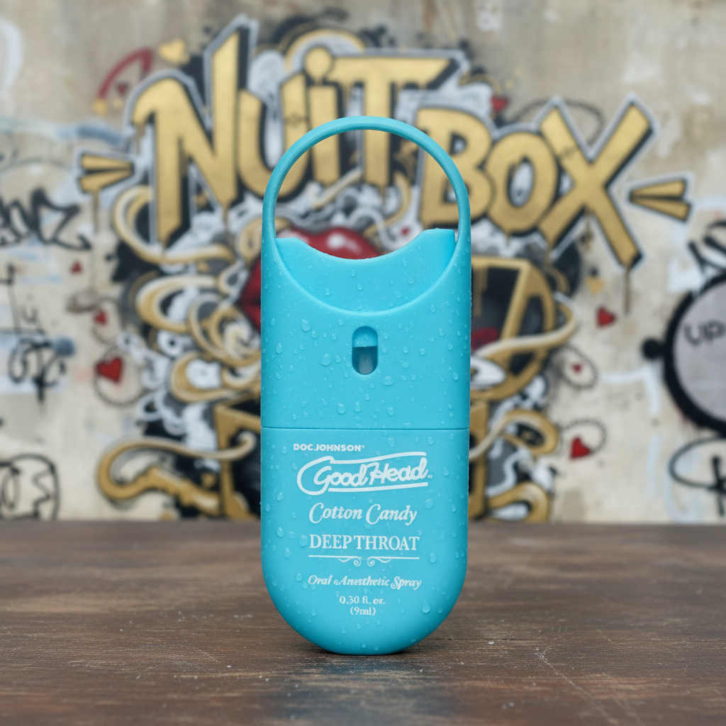 Spray oral GoodHead Cotton Candy sobre mesa, fondo grafiti Nuit Box, sex shop en Chile.