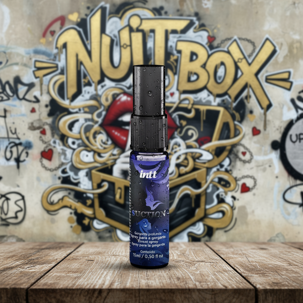 Spray íntimo INTT Suction sobre mesa de madera, fondo mural Nuit Box, sex shop online Chile