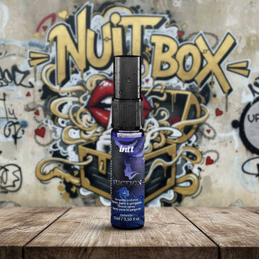 Spray íntimo INTT Suction sobre mesa de madera, fondo mural Nuit Box, sex shop online Chile