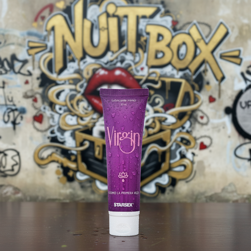Lubricante íntimo Virgin Starsex sobre mesa, fondo mural Nuit Box, sex shop online en Chile