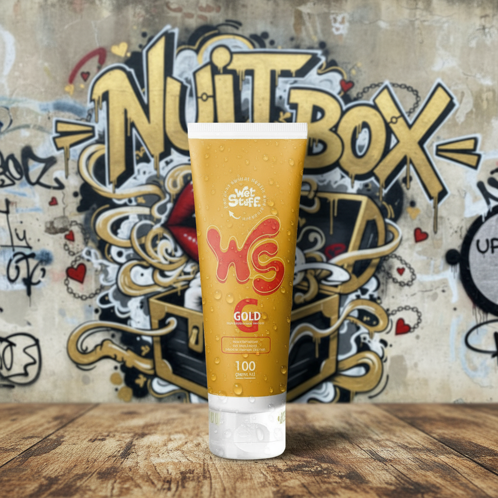 Lubricante Wet Stuff Gold sobre mesa de madera, fondo graffiti Nuit Box, sex shop Chile