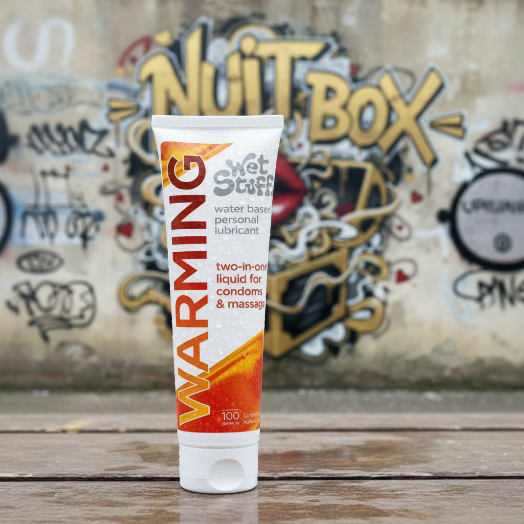 Lubricante íntimo Wet Stuff Warming sobre mesa, fondo mural Nuit Box, sex shop online Chile
