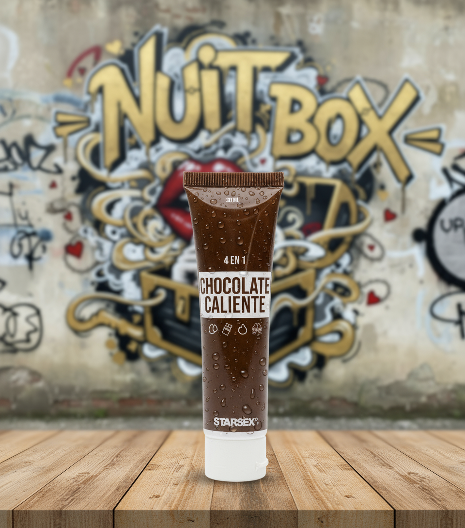 Gel de chocolate caliente Starsex 4 en 1 sobre mesa, fondo mural Nuit Box, sex shop online