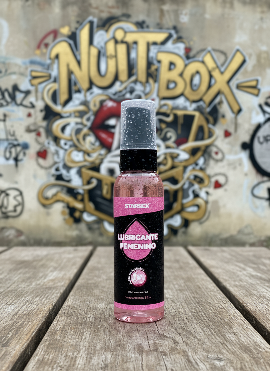 Botella de lubricante femenino STARSEX sobre mesa de madera, fondo mural NUIT BOX, sex shop Quilpué.