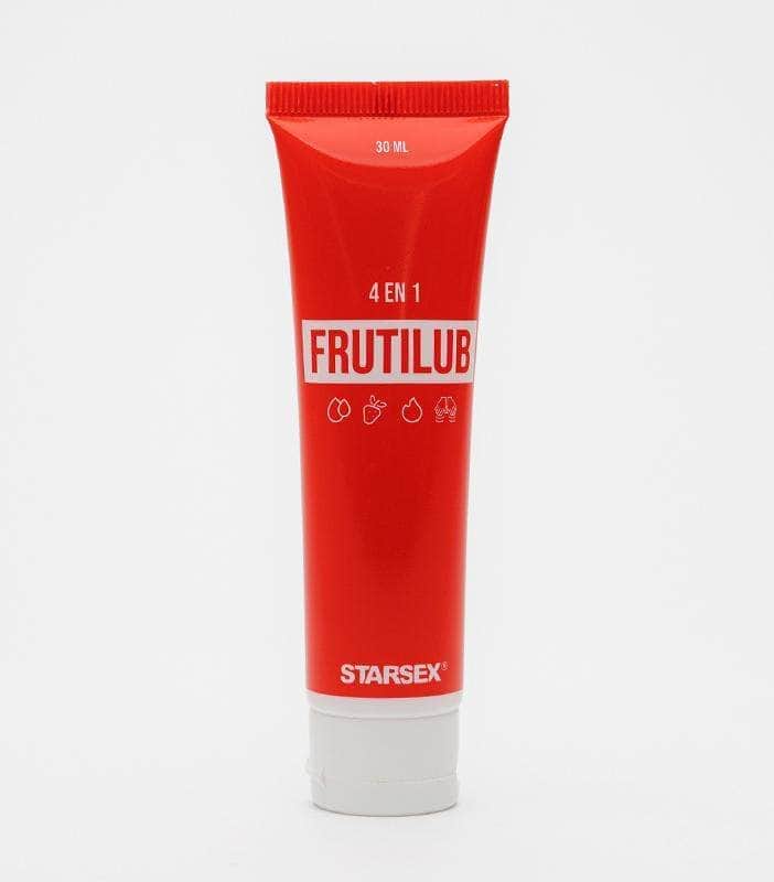 Frasco de lubricante Frutilub 4 en 1 de 30 ml Starsex, fondo blanco, Nuit Box sex shop online.