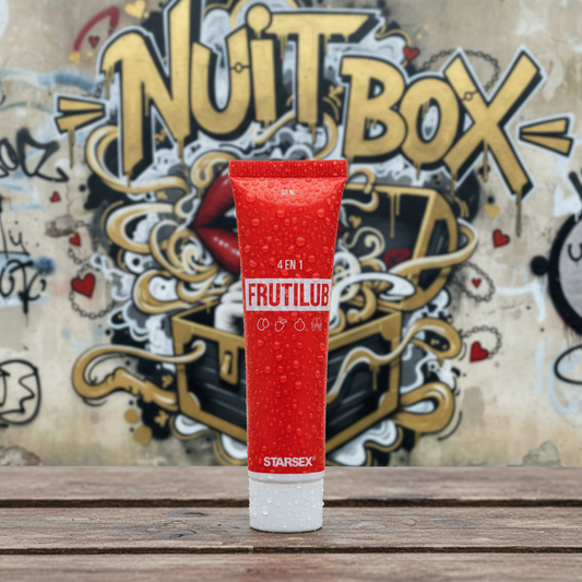Gel Frutilub 4 en 1 Starsex sobre mesa de madera, fondo mural Nuit Box, sex shop online Chile