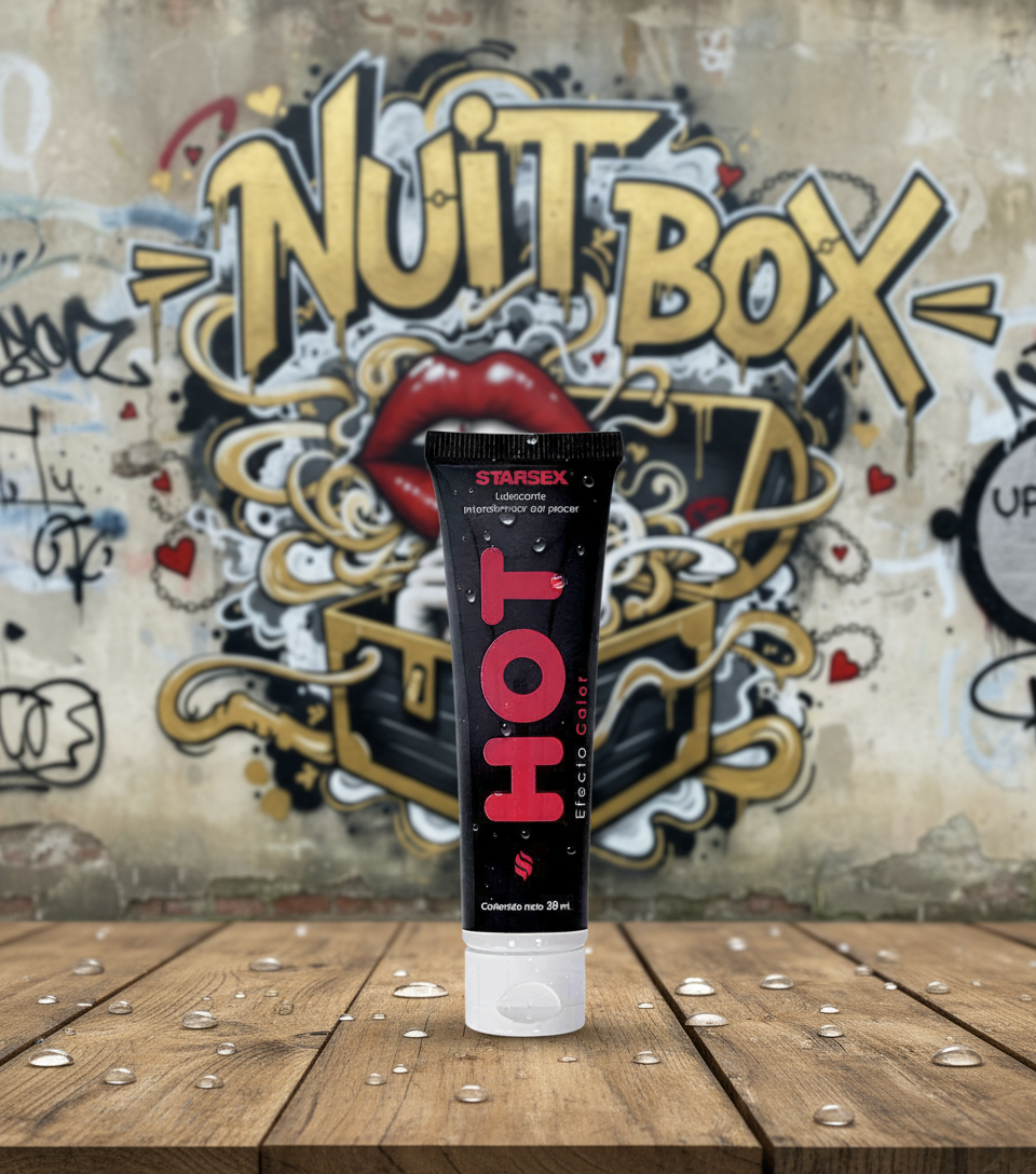 Gel HOT efecto calor de 30 ml sobre mesa de madera, fondo mural Nuit Box, sex shop online