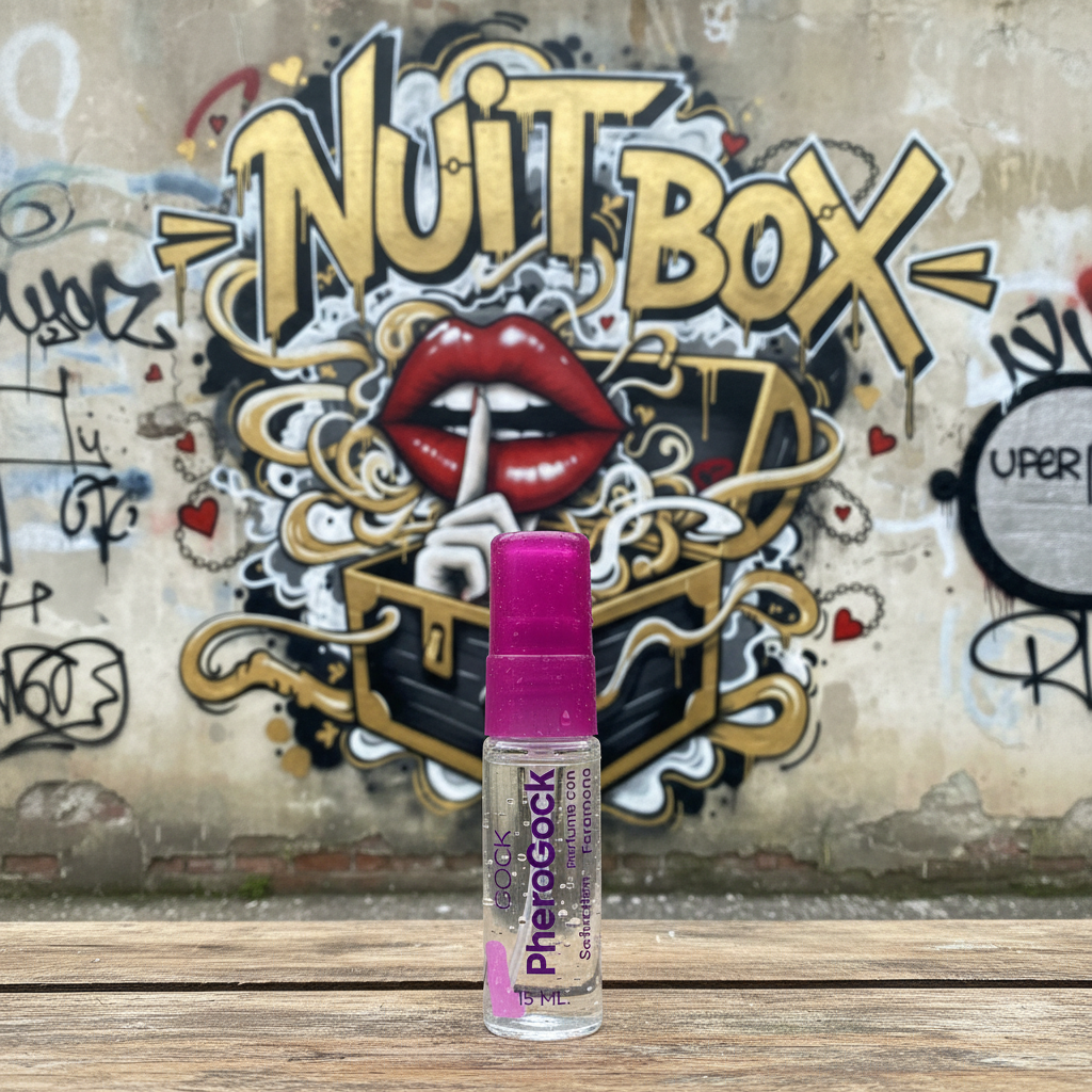 Perfume de feromonas sobre mesa, mural NUIT BOX de labios y grafitis al fondo, sex shop online.