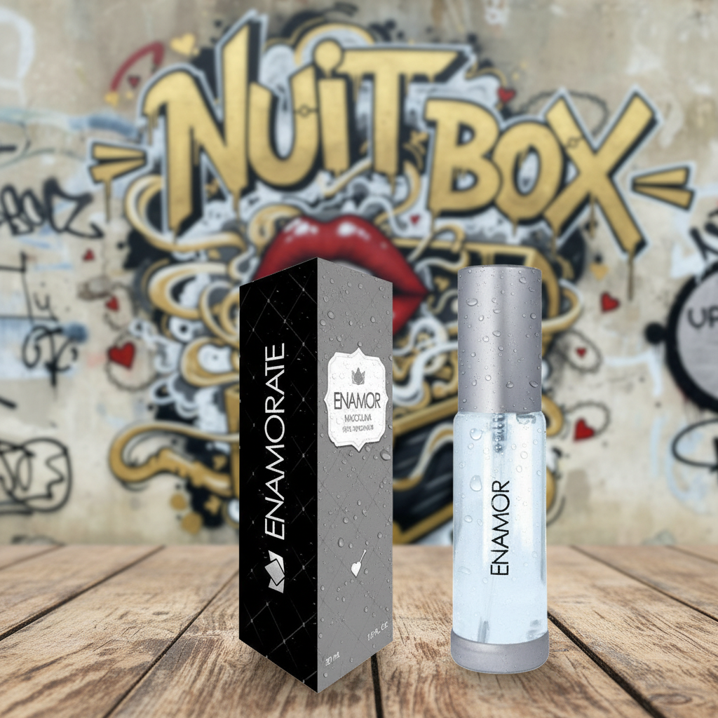 Perfume Enamorate para pareja en mesa de madera, fondo mural Nuit Box, sex shop online.