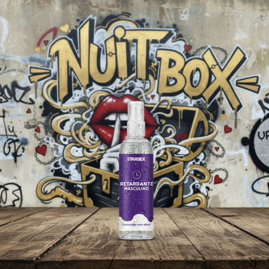 Spray retardante masculino Starsex sobre mesa de madera, fondo mural Nuit Box con labios y graffiti.