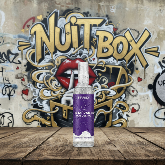 Spray retardante masculino Starsex sobre mesa de madera, fondo mural Nuit Box con labios y graffiti.