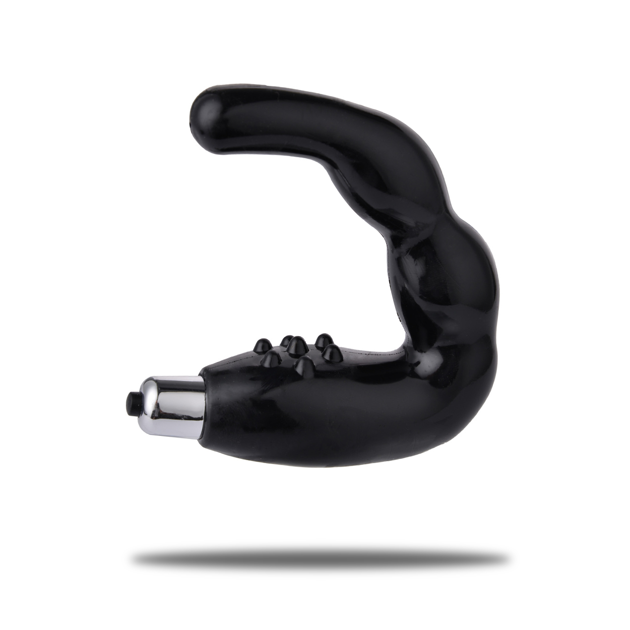 Masajeador negro curvo con textura y base metálica, accesorio disponible en NUIT BOX sex shop online