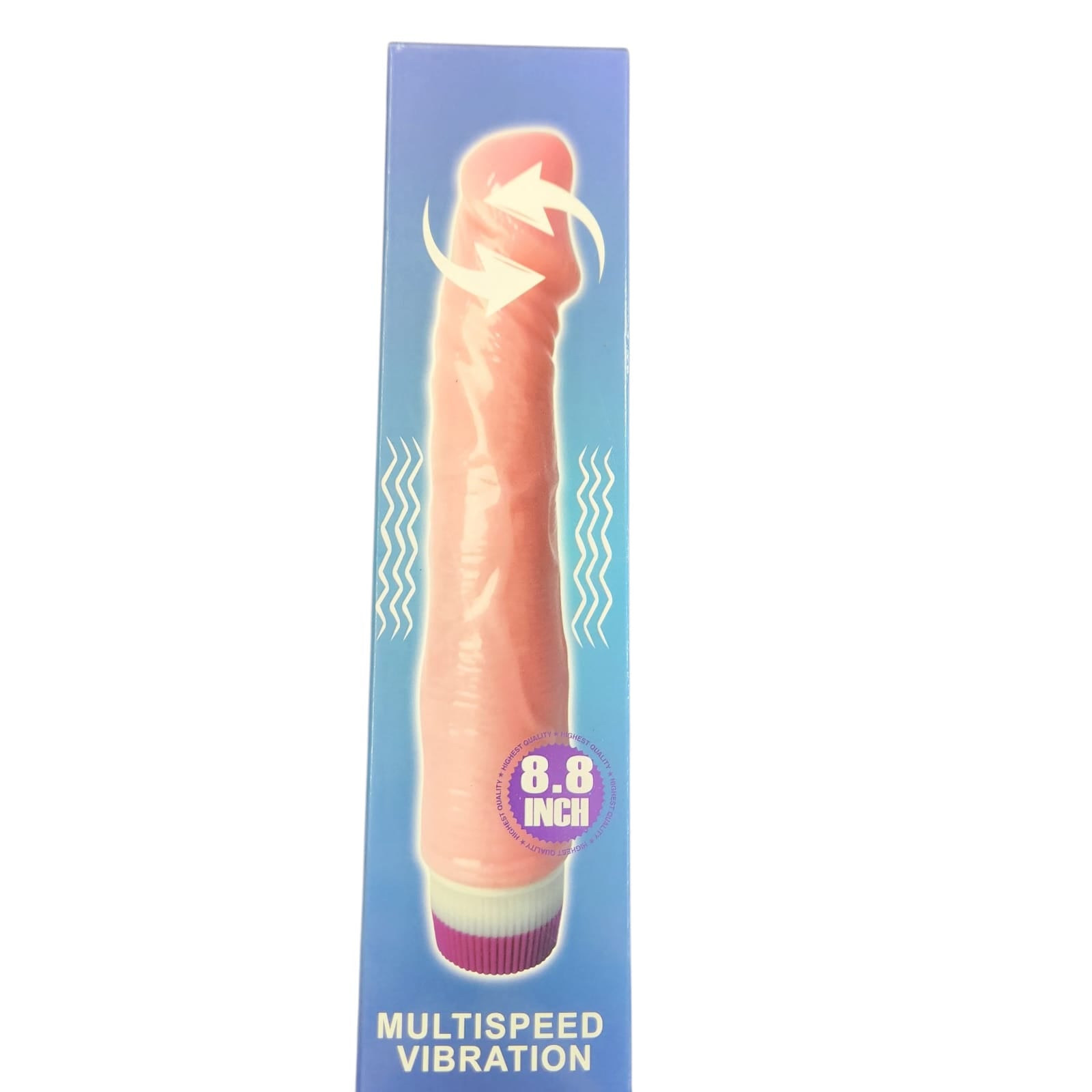 Caja de vibrador multispeed 8.8 pulgadas, fondo azul, producto de Nuit Box sex shop online.