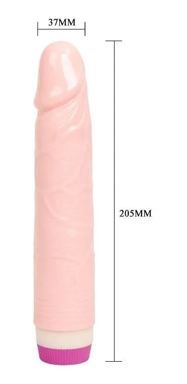 Vibrador realista color piel con medidas 205mm x 37mm, accesorio de Nuit Box sex shop online